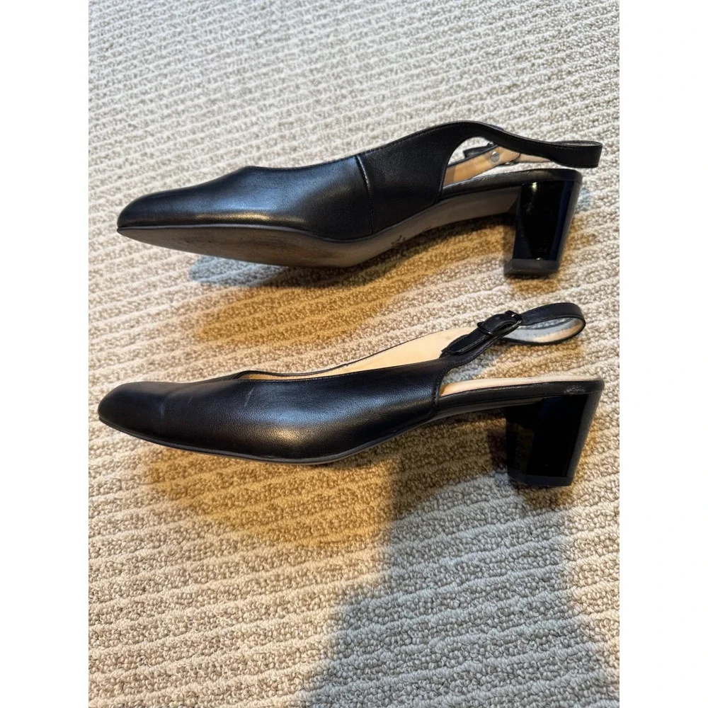 Ara Black Leather Slingback Block Heel Shoes Women's Size‎ 7.5